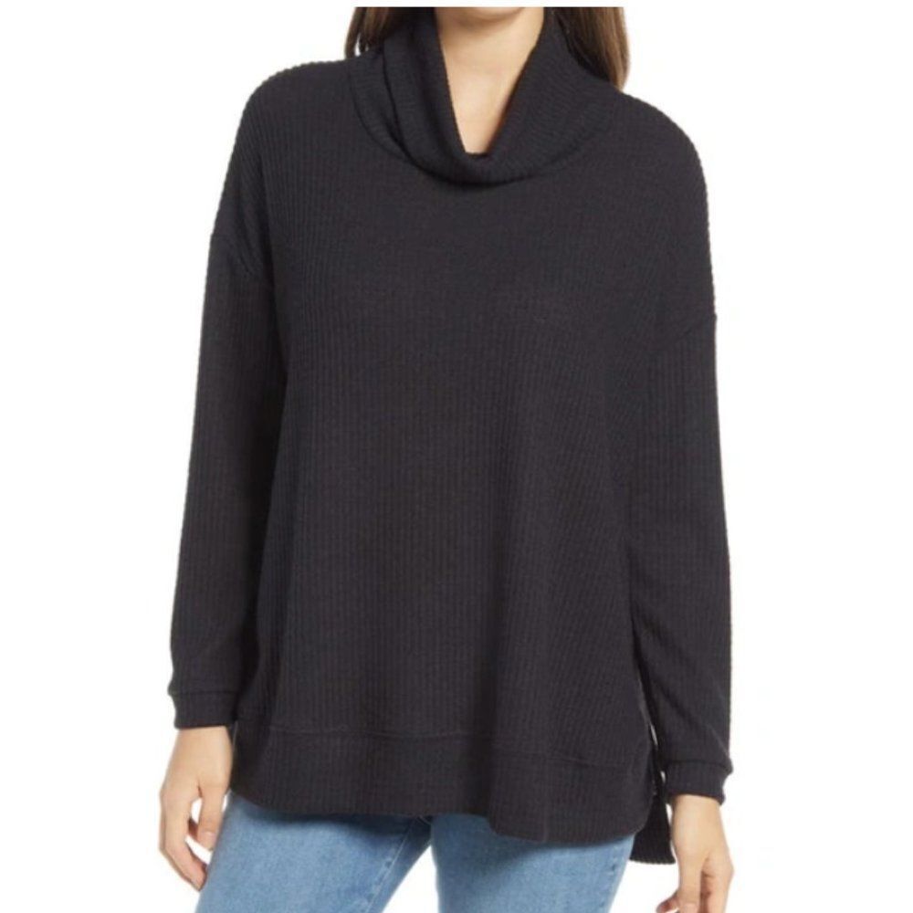 Everleigh Top Tunic Cowl Neck Black Soft Rib Knit Cozy Casual Long Sleeve